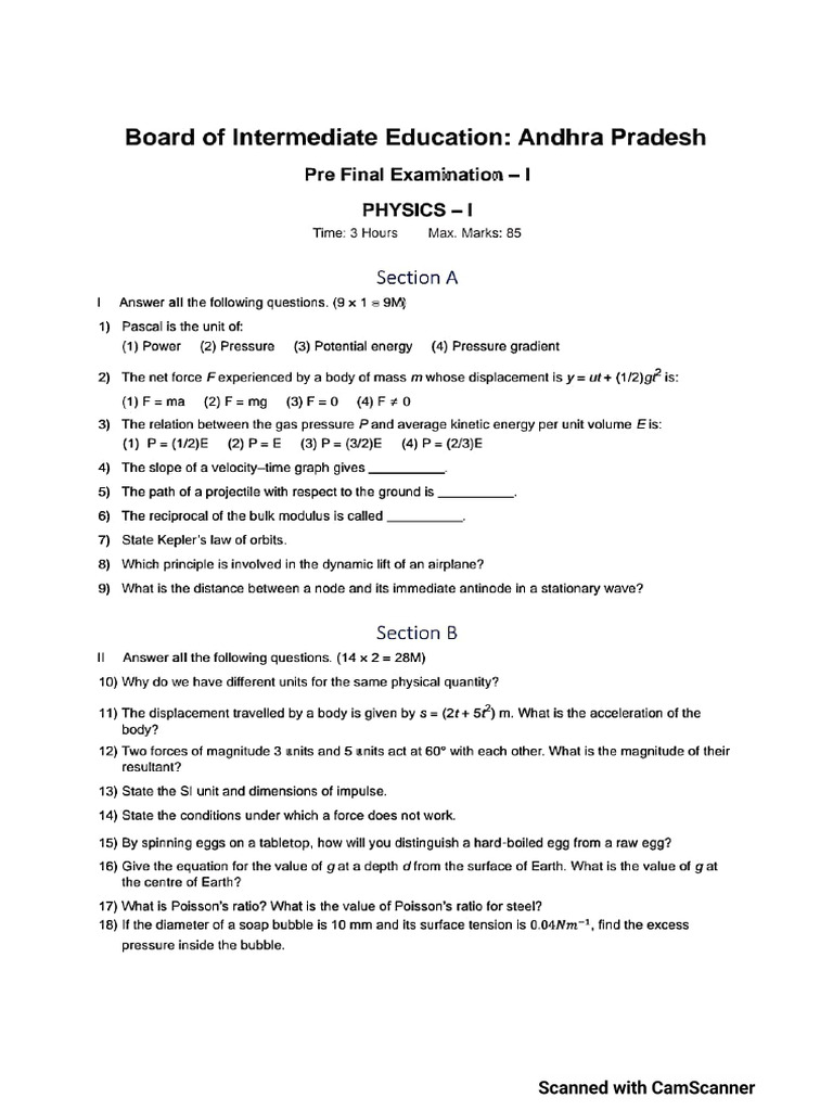 Board Pre Final-1 Phy Question Paper | PDF