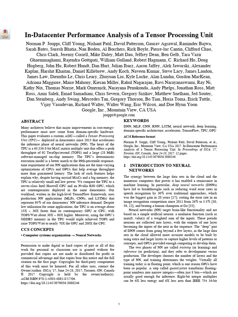 TPU- 2017 - In-Datacenter Performance Analysis of a Tensor Processing ...