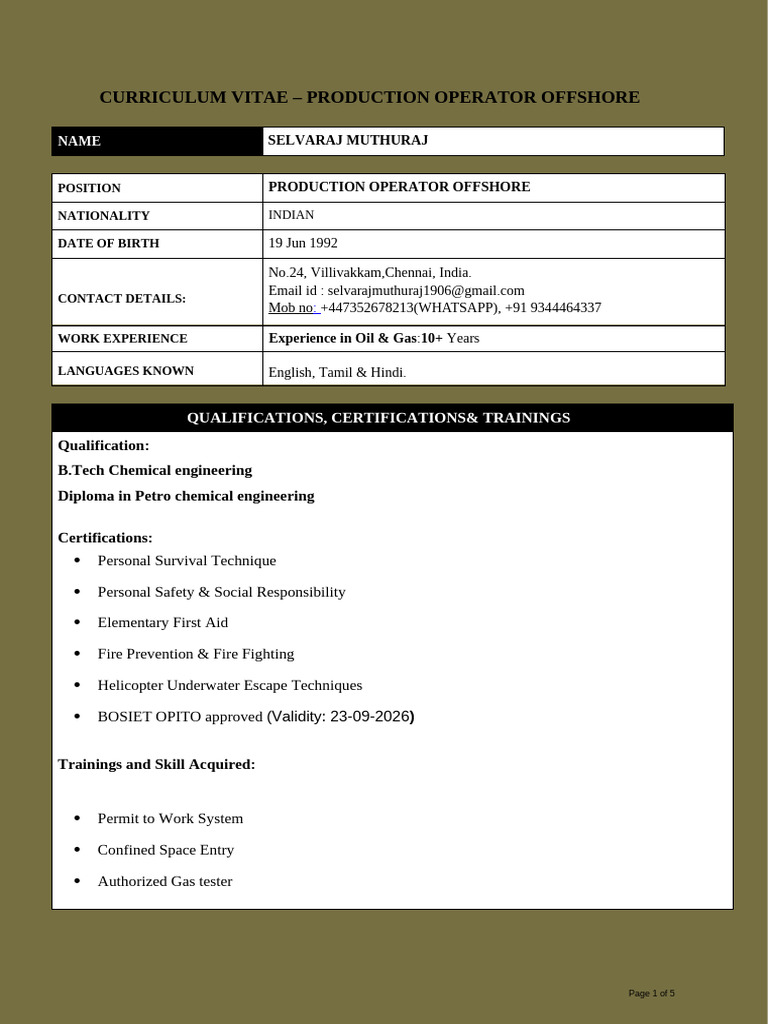 Offshore Production Operator CV | PDF | Liquefied Natural Gas | Natural Gas