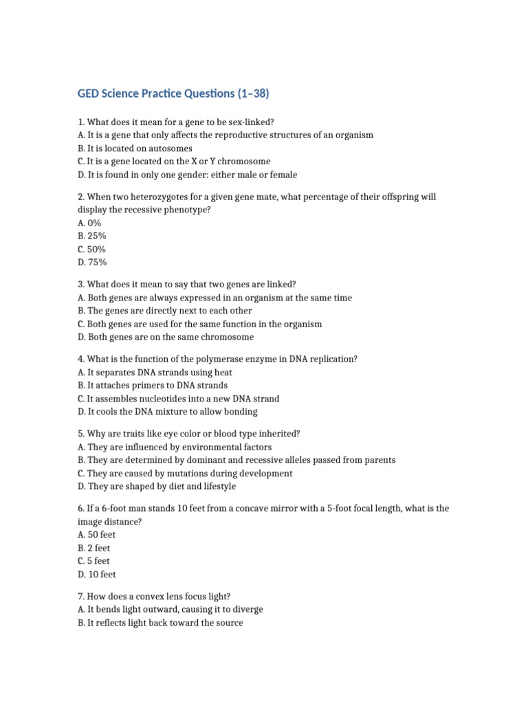 GED Science Practice Questions 1-38 | PDF | Dominance (Genetics) | Gene