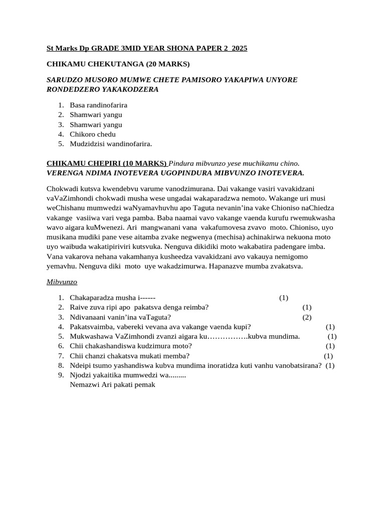 Shona p 2 Grade 3 St Marks Dp | PDF