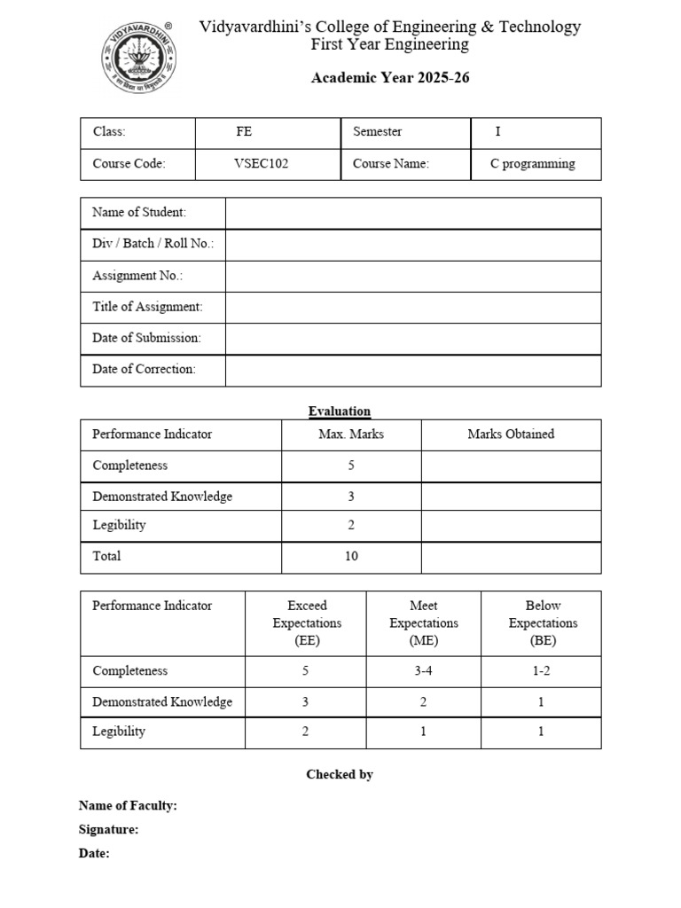 C Programming Assignment for FE 2025-26 | PDF | Computer Programming ...
