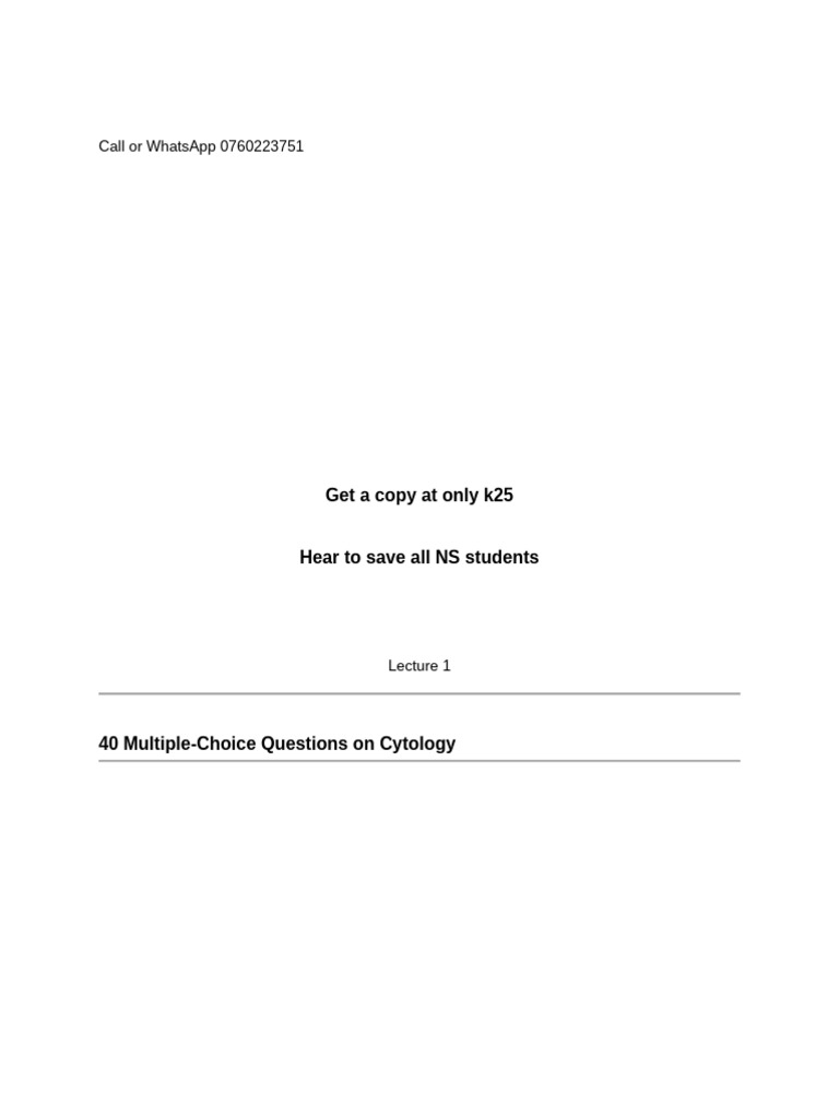 Cytology MCQs for NS Students | PDF | Cell (Biology) | Cytoplasm