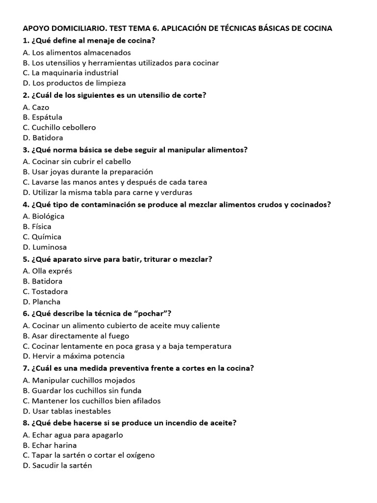 Técnicas Básicas de Cocina: Test y Normas | PDF | Cocinando | Caldo