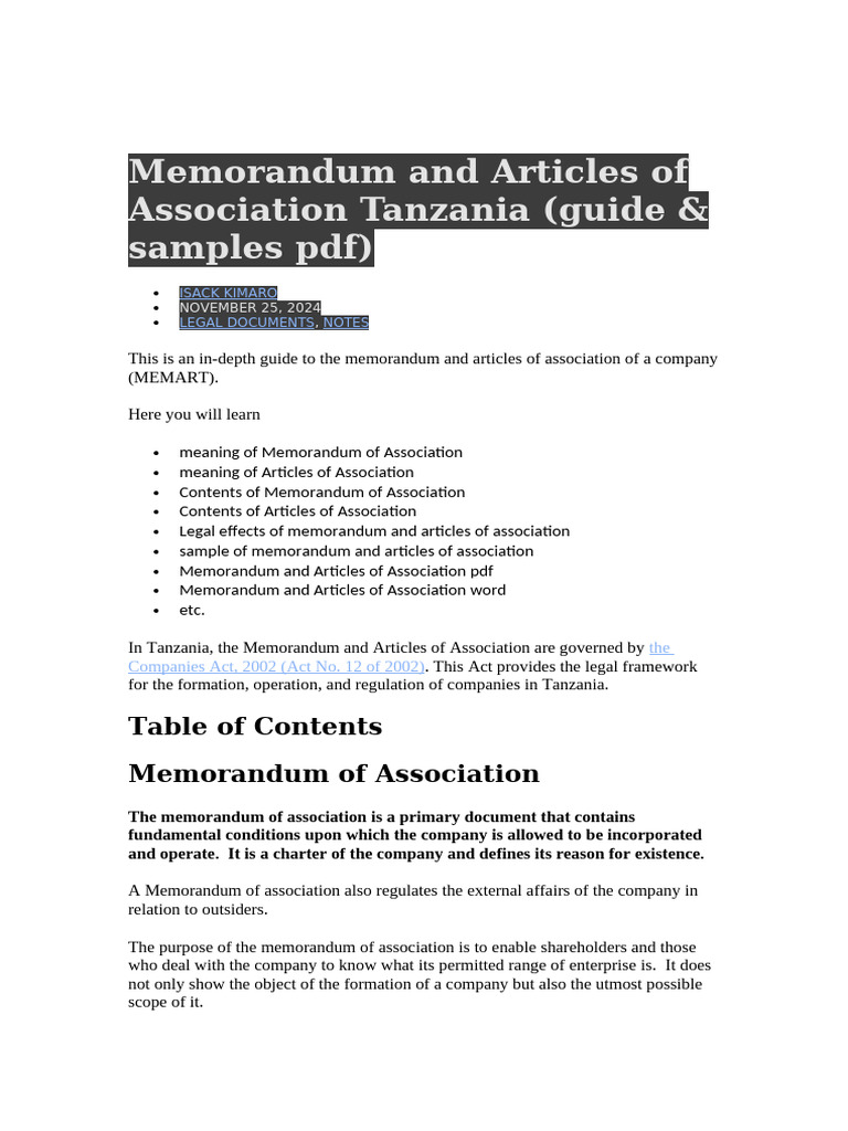 Tanzania Company Memorandum Guide | PDF | Articles Of Association ...