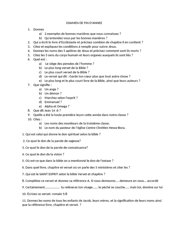 Questions d'examen sur la Bible et la foi | PDF