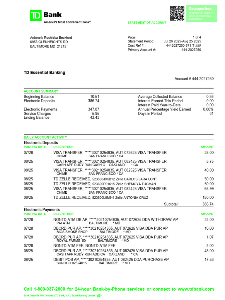 TD Bank Account Statement Summary | PDF