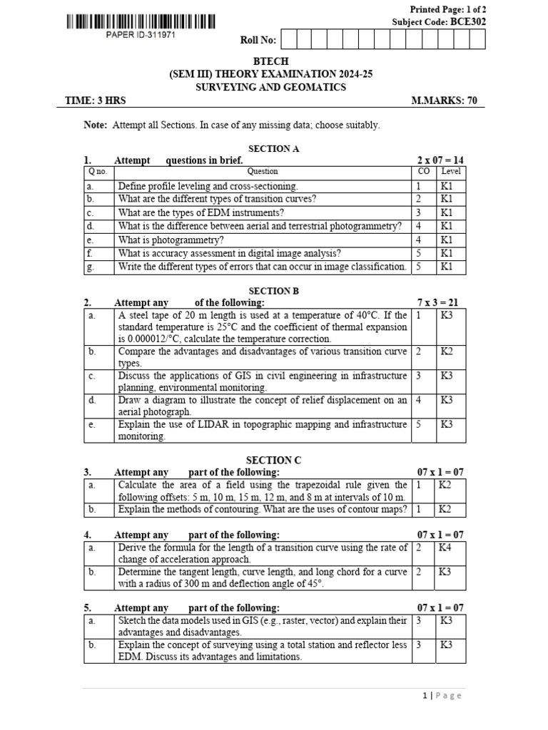 BTECH Surveying & Geomatics Exam 2024-25 | PDF | Surveying | Topography