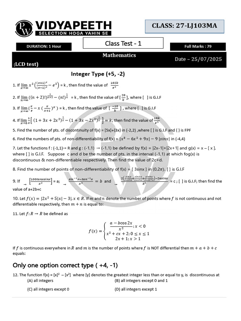 Advanced Calculus Limit Problems | PDF | Function (Mathematics ...