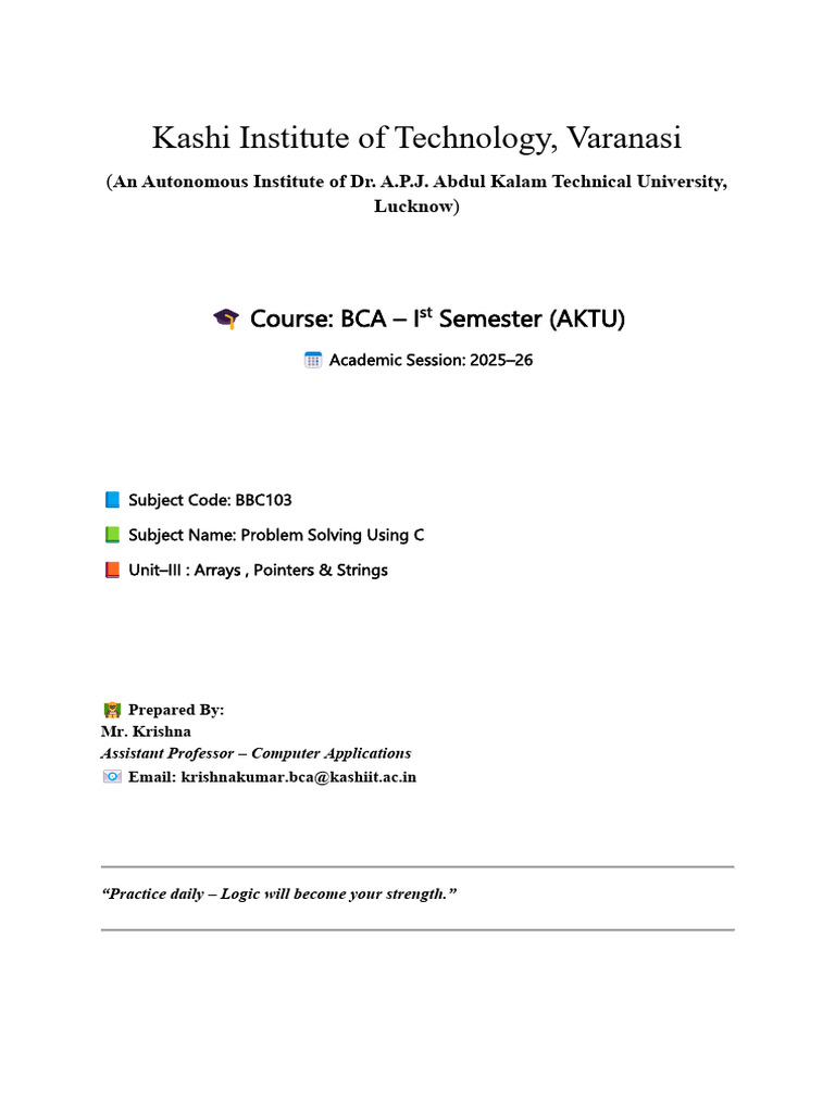 Unit 3 - C Programming (Arrays , Pointers & Strings) | PDF | Pointer ...