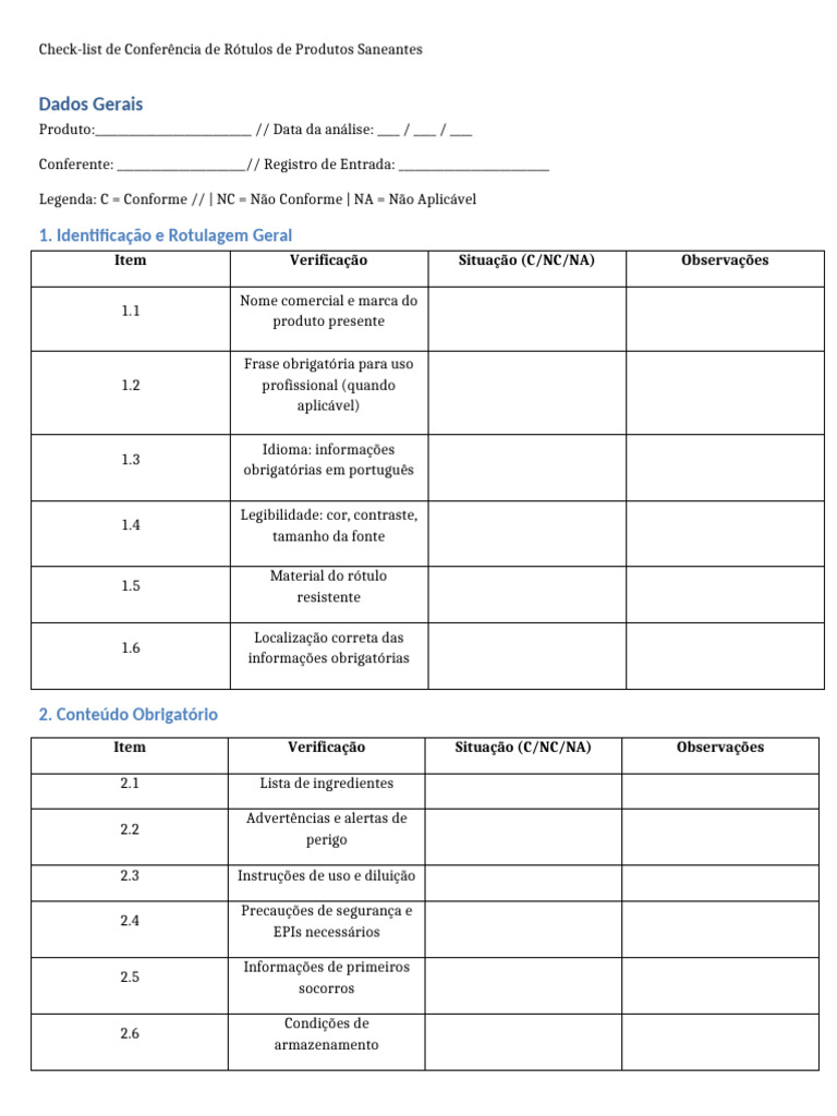 Check-list de Rótulos Saneantes | PDF