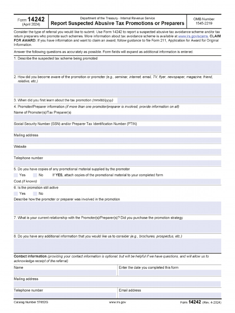 Form 14242-Report Suspected Abusive Tax Promotions or Preparers | PDF
