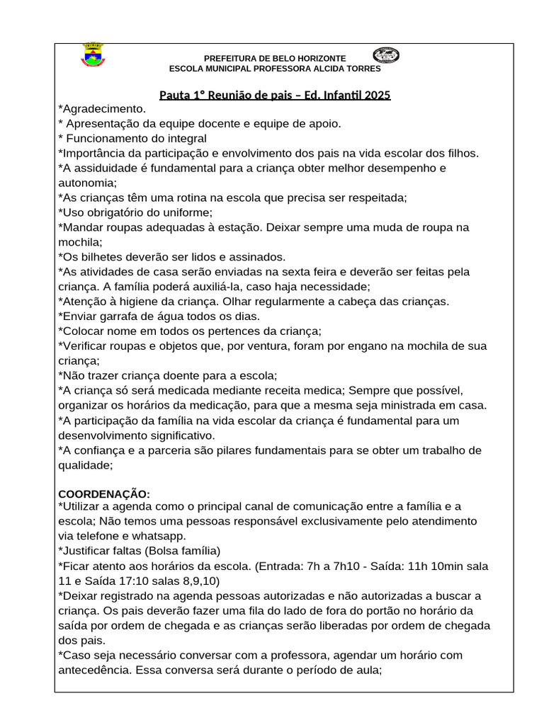 Reunião de Pais - Escola Alcida Torres 2025 | PDF | Escolas