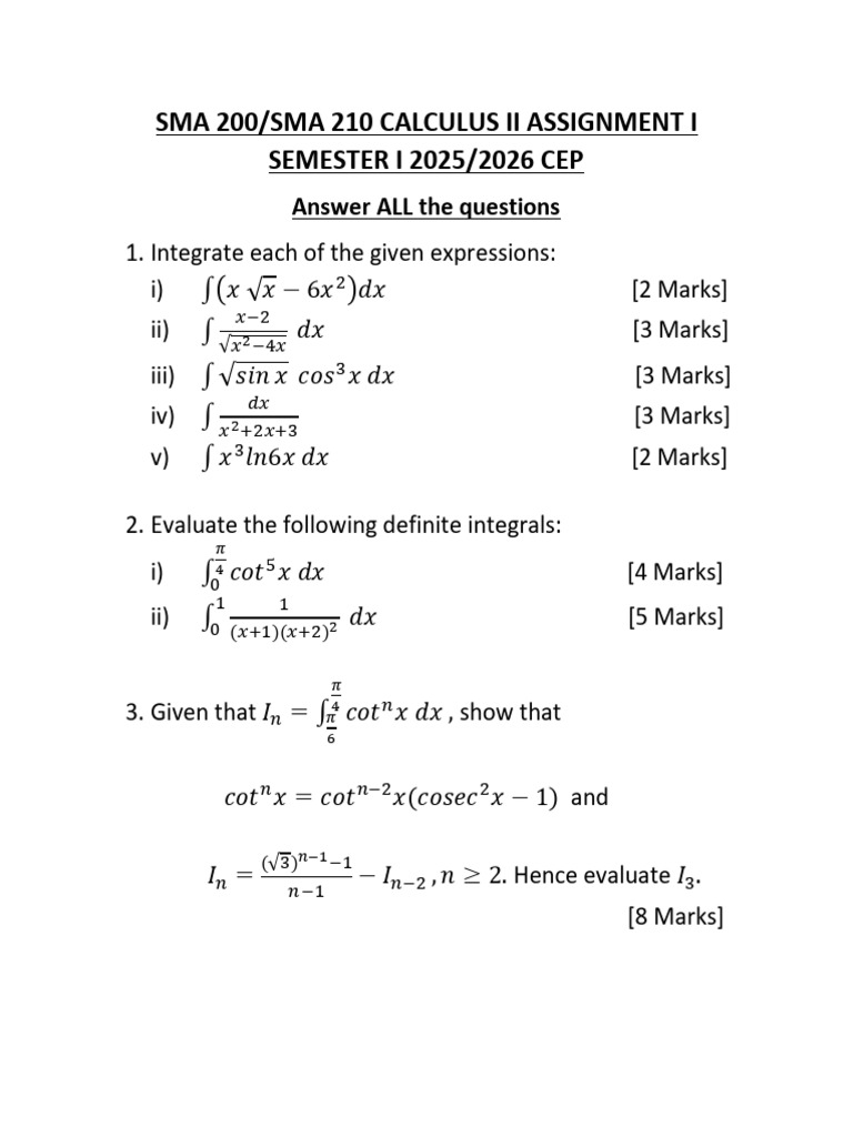 Calculus II Integration Assignment 2025 | PDF
