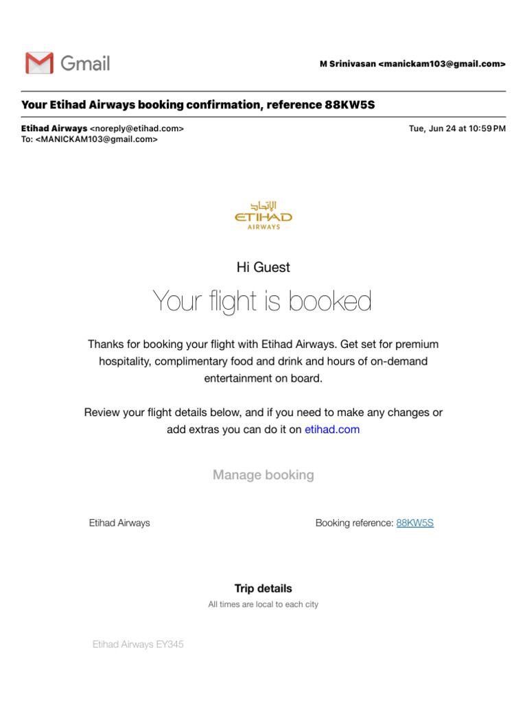 Your Etihad Airways Booking Confirmation, Reference 88KW5S | PDF | Aviation