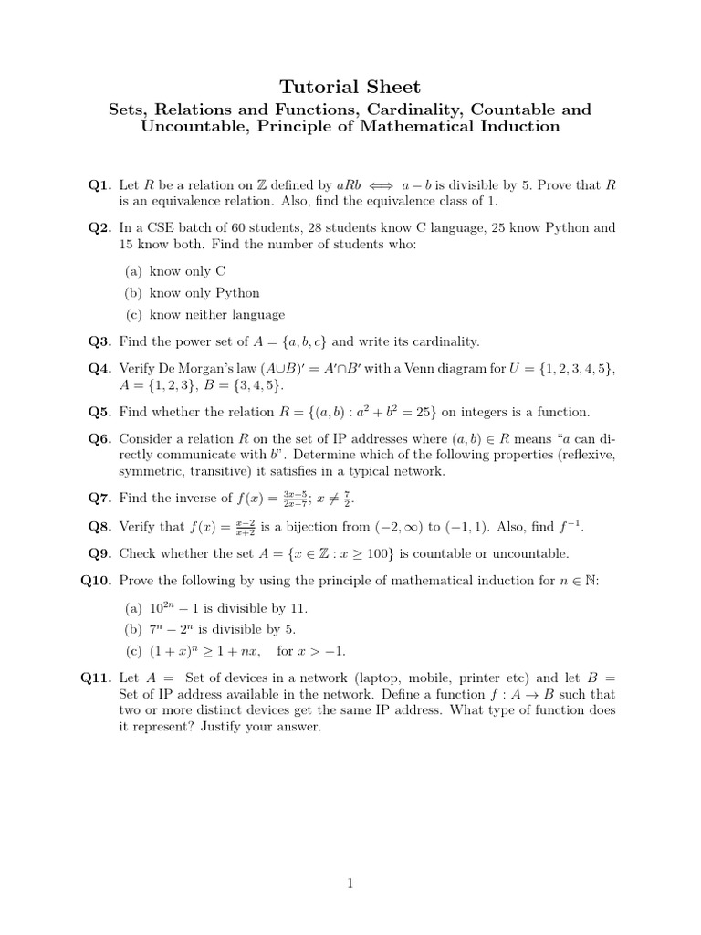 Tutorial Sheet2 Sets RelationsandFunctions Cardinality Countable and ...