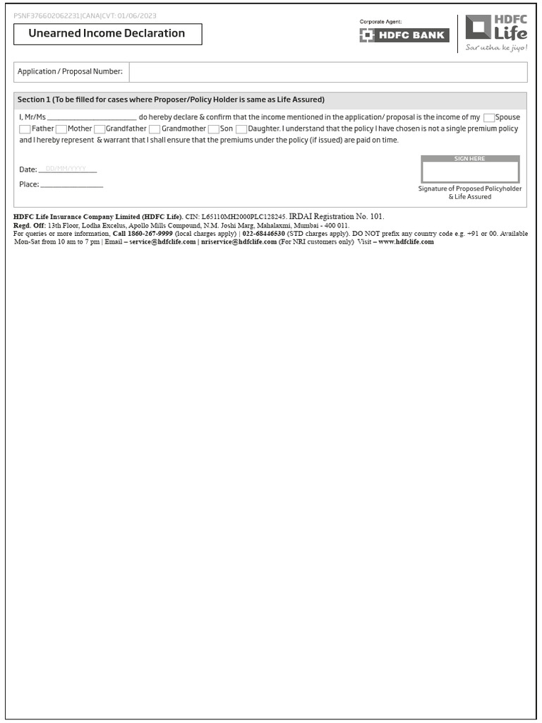 HDFC Life Unearned Income Declaration | PDF