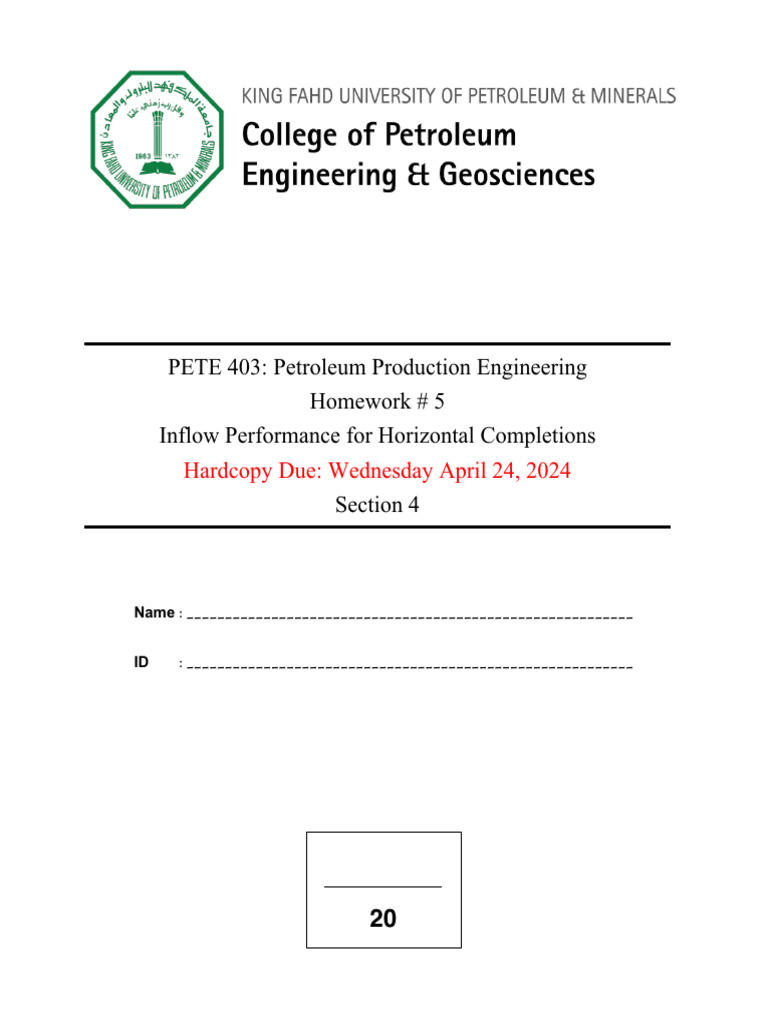 Hw5 - Pete403 Petroleum Engineering | PDF