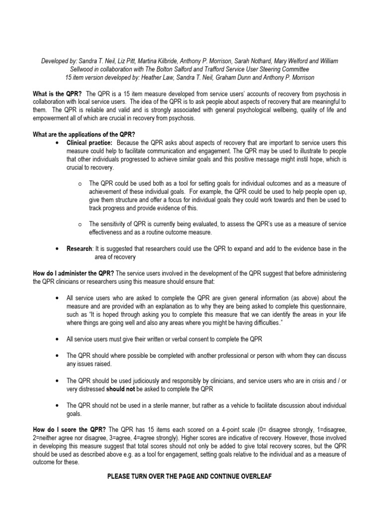 QPR Guidelines for Recovery Assessment | PDF | Social Psychology ...