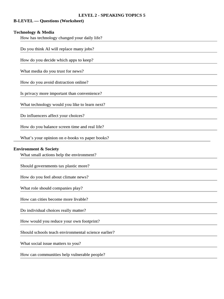 Level 2 Speaking Topics: Tech & Society | PDF