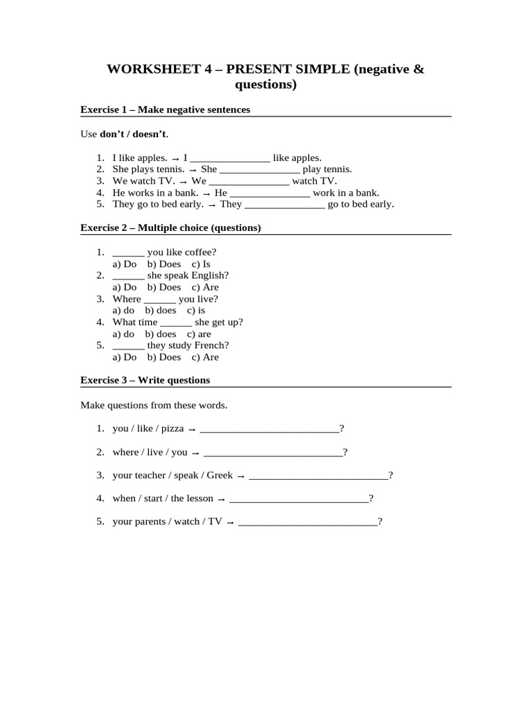 Present Simple Negative & Questions Worksheet | PDF