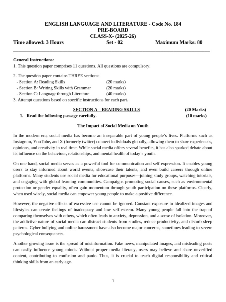 Class X English Pre-Board Exam Paper | PDF | Sleep | Social Media