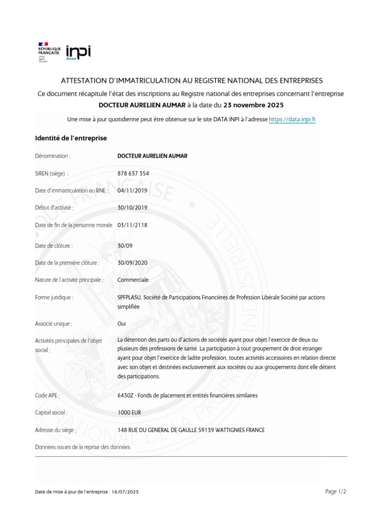 Immatriculation Docteur Aurelien Aumar | PDF | Business | Les sociétés
