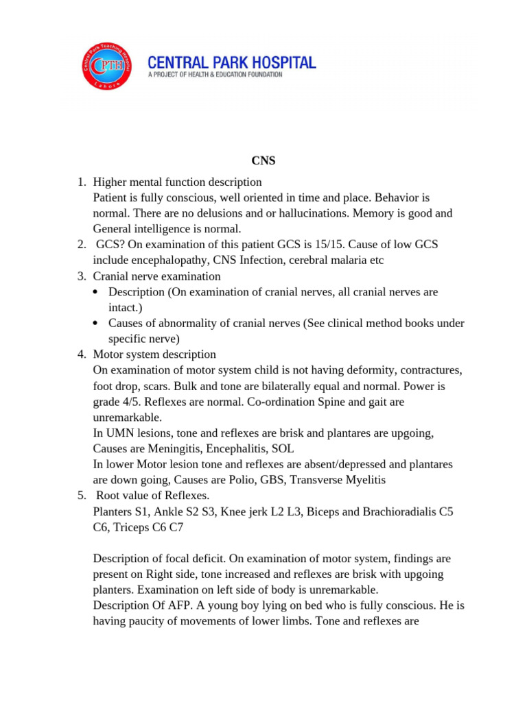 Cns Examination Describe | PDF | Human Diseases And Disorders | Nervous ...