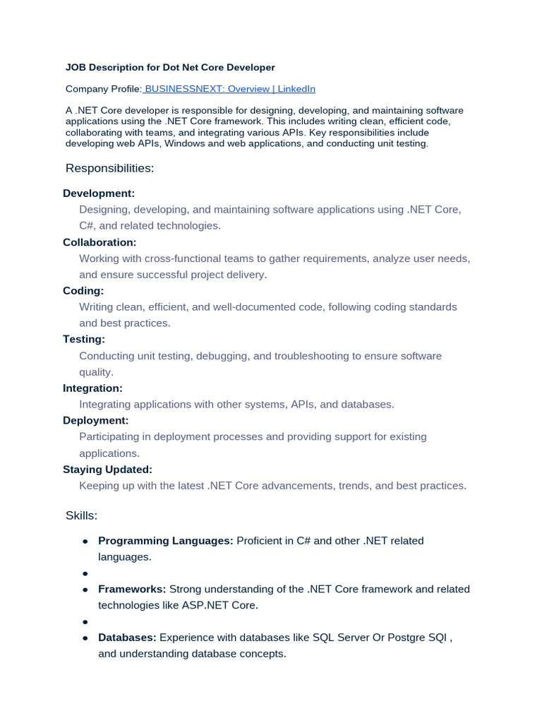 JD - Dot Net Core Developer Business Next CRM | PDF | Web Development ...