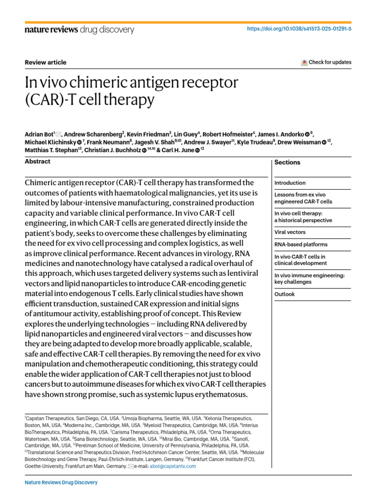 In Vivo CAR-T Cell Therapy Advances | PDF | Viral Vector | T Cell
