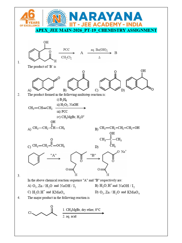 Chemistry Assignment for JEE Main 2026 | PDF | Aldehyde | Chlorine