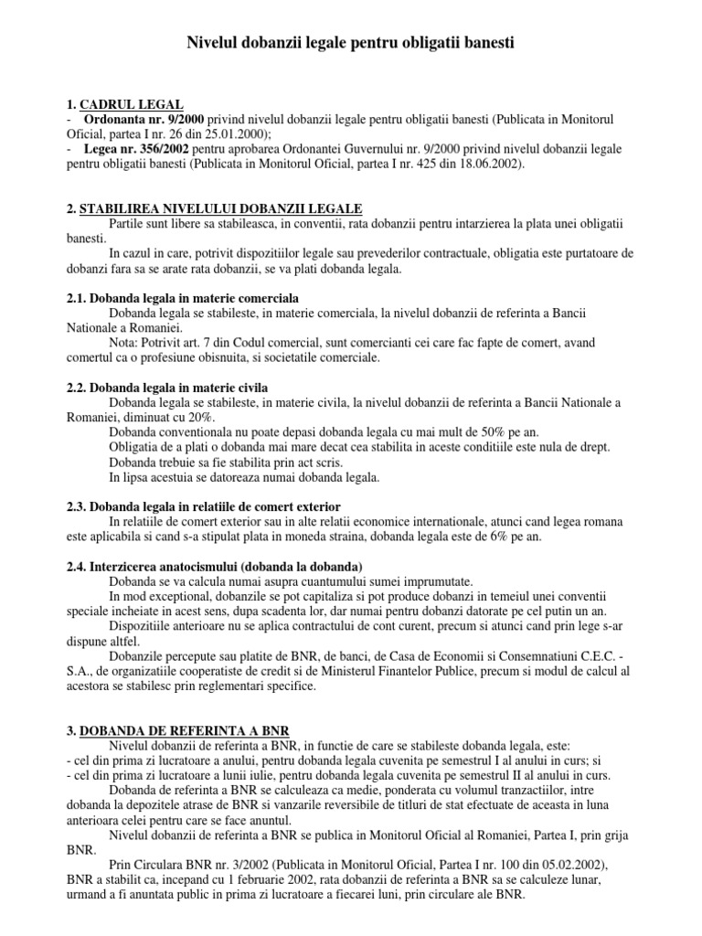 Nivelul Dobanzii Legale Pentru Obligatii Banesti IncÄƒrcat De Legal Management