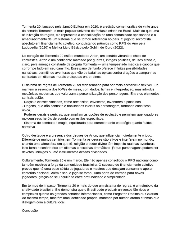 Tormenta 20: O RPG Brasileiro Inovador | PDF | Jogos de RPG