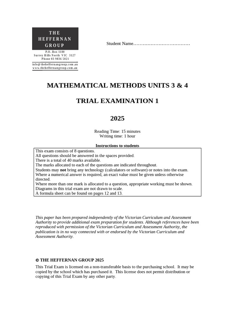 Maths Methods Trial Exam 2025 | PDF | Tangent | Function (Mathematics)
