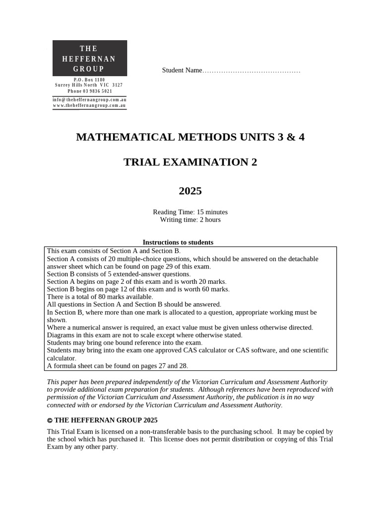 2025 Maths Methods Trial Exam 2 | PDF | Function (Mathematics ...