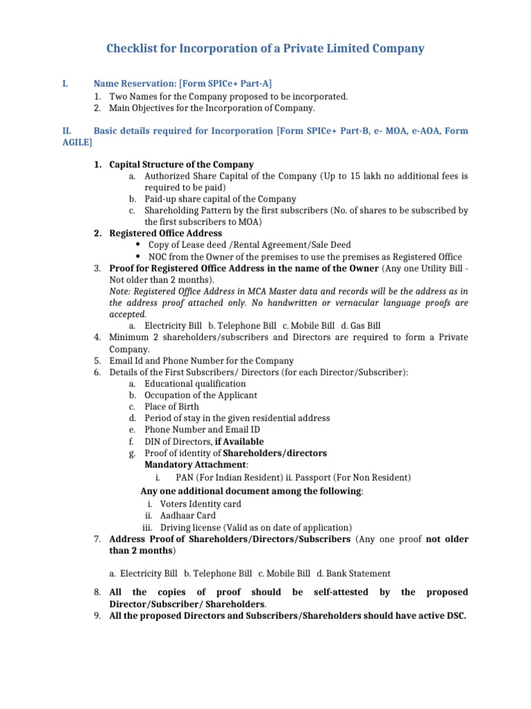 Private Limited Company Incorporation Checklist | PDF | Identity Document