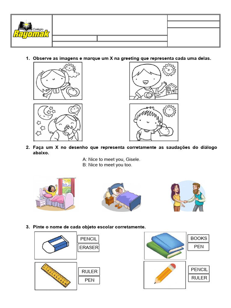 Prova de Inglês para 1º Ano | PDF