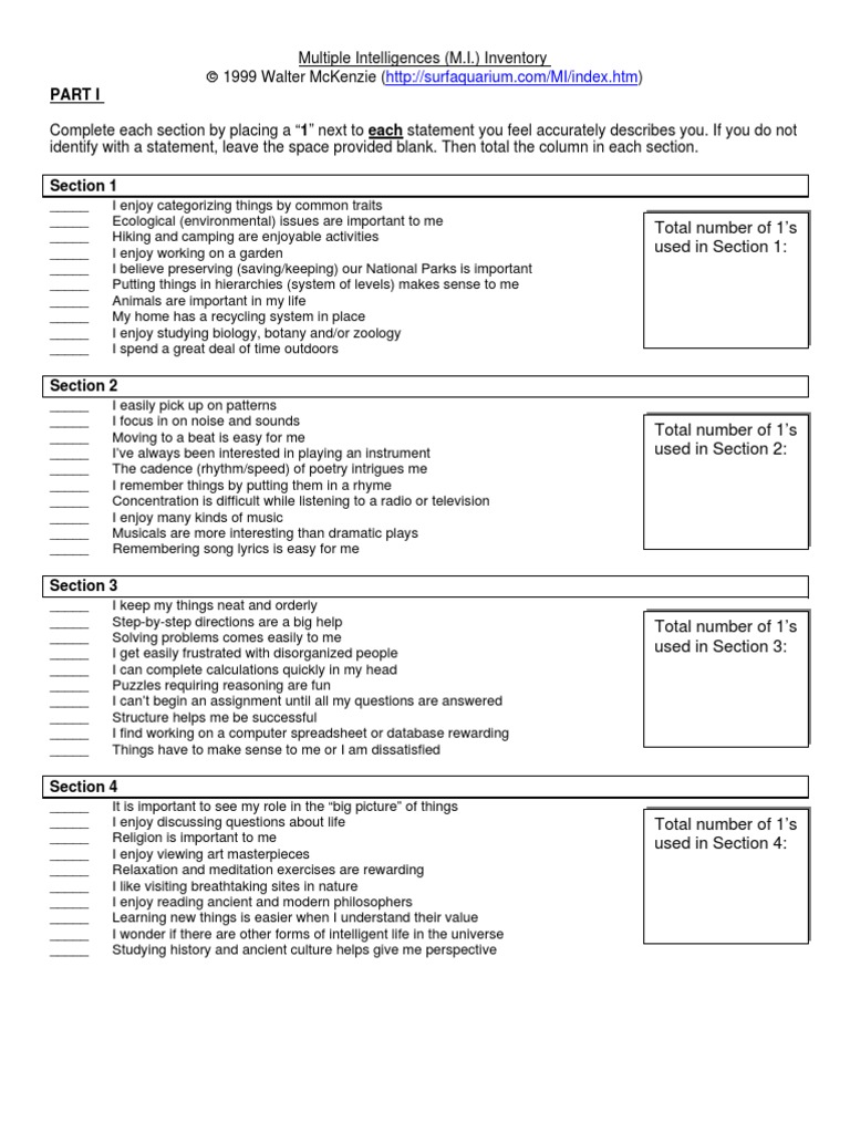 Multiple Intelligences Inventory | PDF