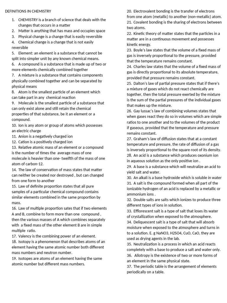 Key Chemistry Definitions Explained | PDF | Ion | Chemical Compounds