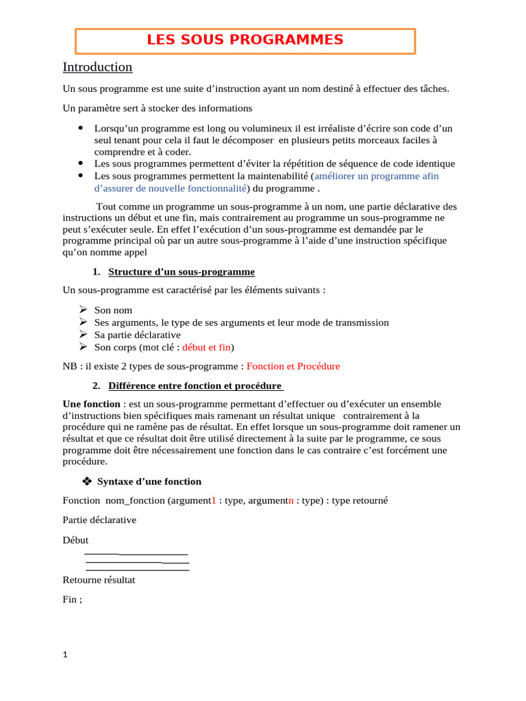Comprendre les sous-programmes en programmation | PDF | Programme ...