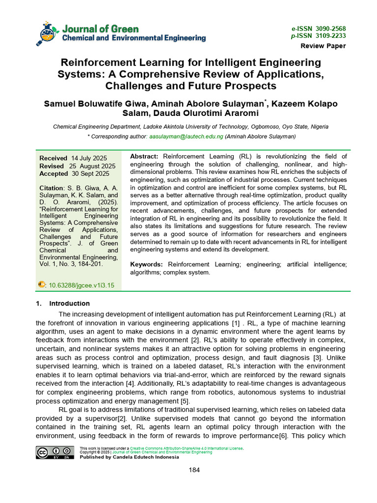 Reinforcement Learning For Intelligent Engineering Systems: A ...