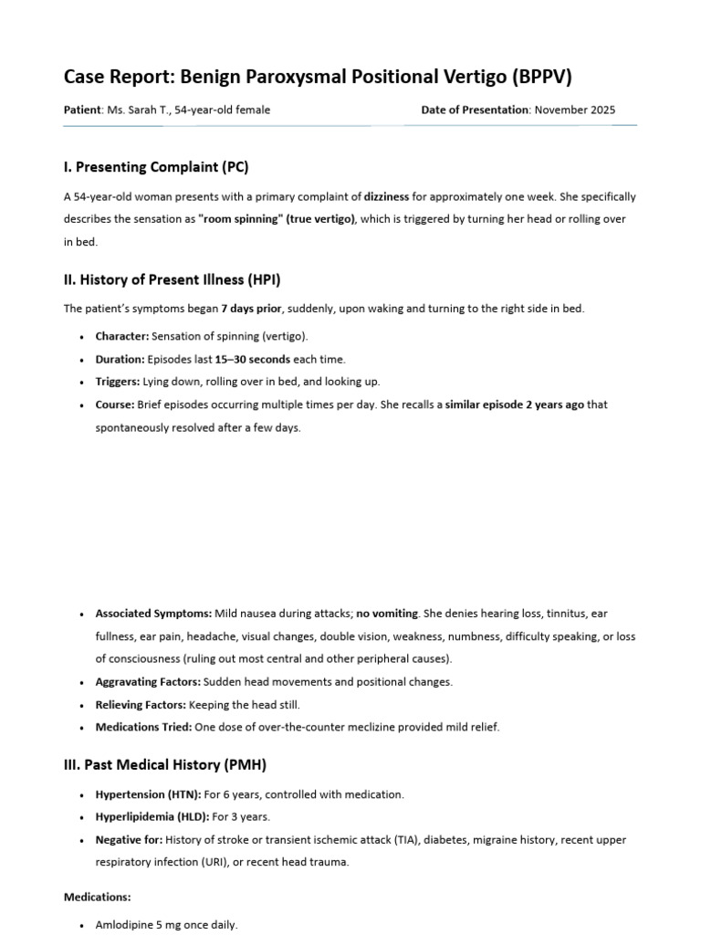 BPPV Case Study: Patient Analysis and Findings | PDF