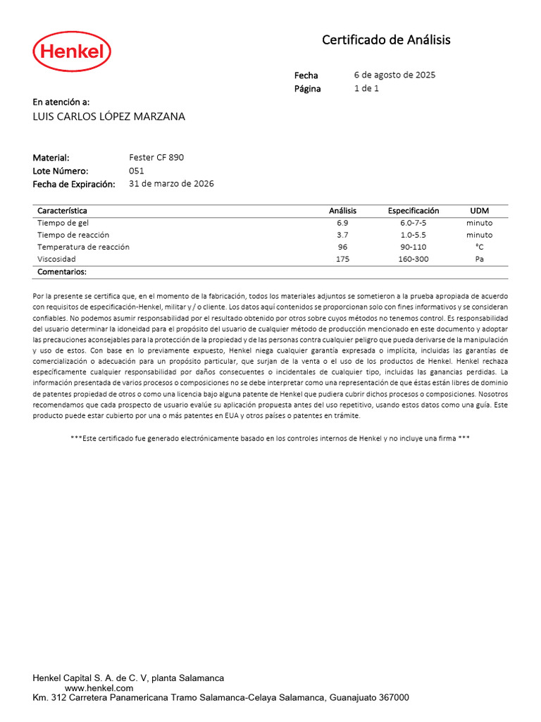 Certificado de Análisis Fester CF 890 | PDF | Patentar