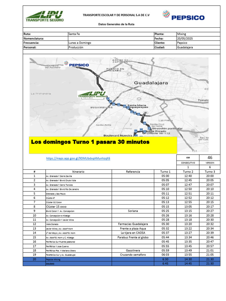 Itinerario de Ruta Pepsico Guadalajara | PDF