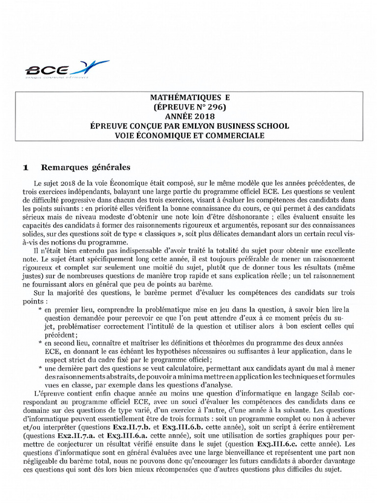 Rapport de Jury Maths E Emlyon 2018 | PDF