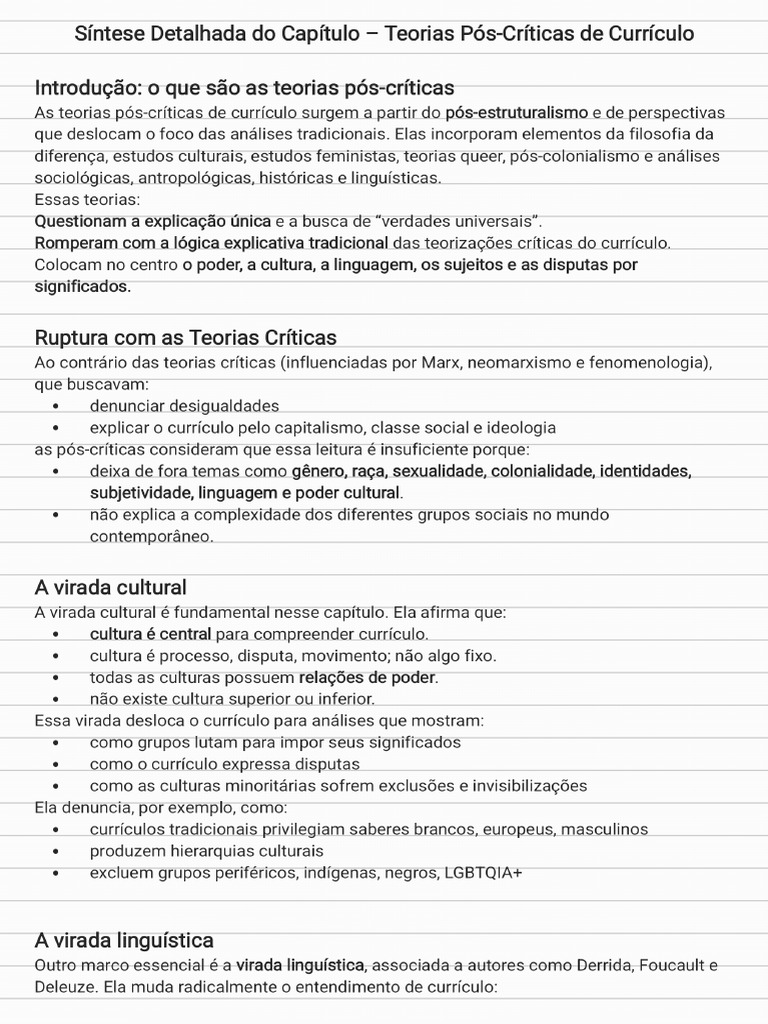 Teorias Pos Críticas Do Currículo | PDF