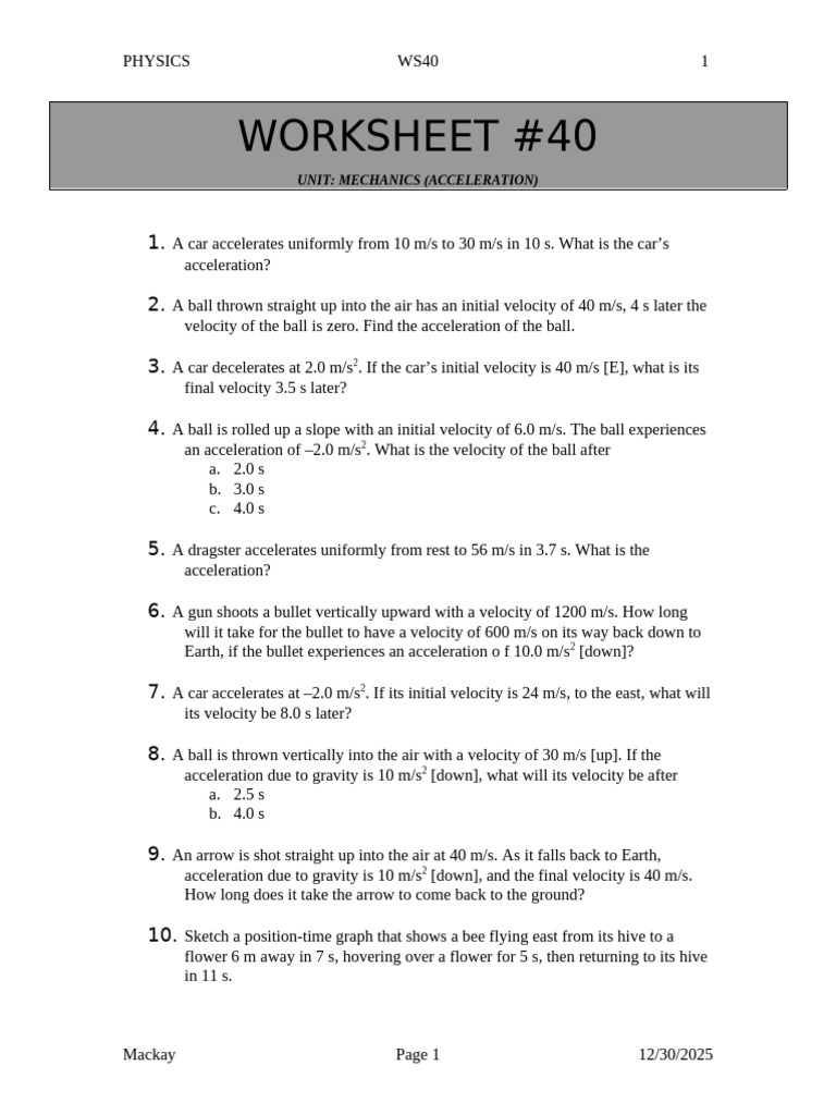 Mechanics Acceleration Worksheet | PDF | Speed | Acceleration