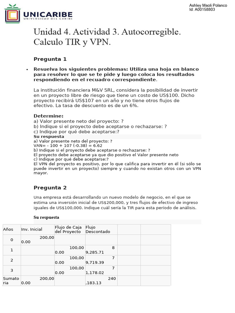 Cálculo de TIR y VPN en Proyectos Financieros | PDF | Valor presente ...