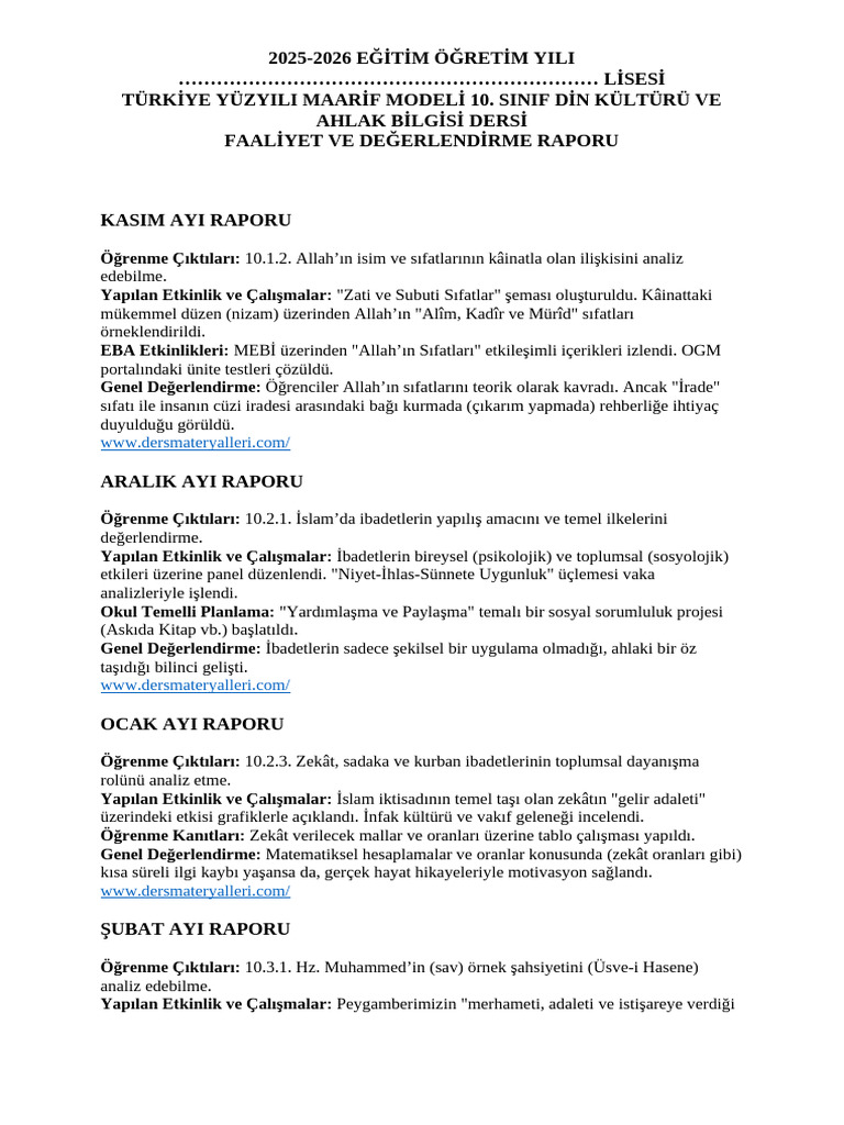 10 Sinif Din Kulturu Maarif Modeli Aylik Raporlari | PDF