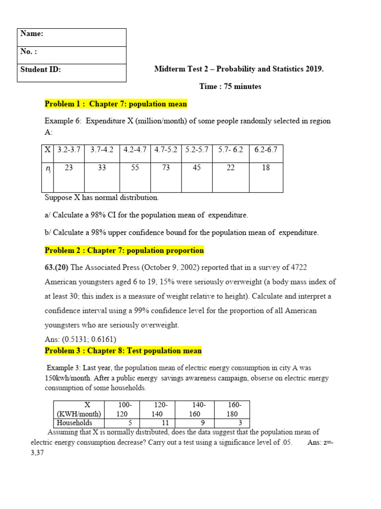 Midterm Test: Probability & Statistics 2019 | PDF | Confidence Interval ...